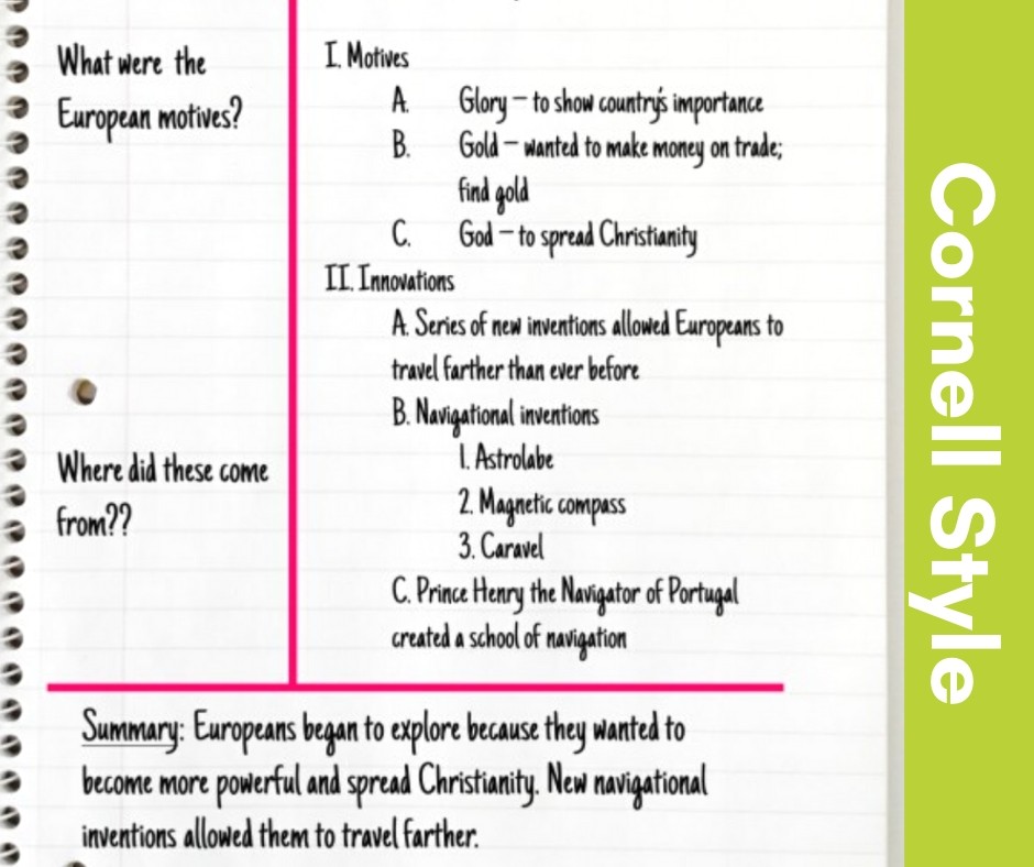 image of cornell style note taking example