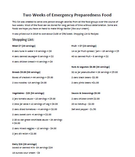 how to be prepared for emergencies - 2 week food list printable