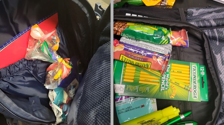 inside birthday backpacks with highlighters, pencils, school supplies, and candy