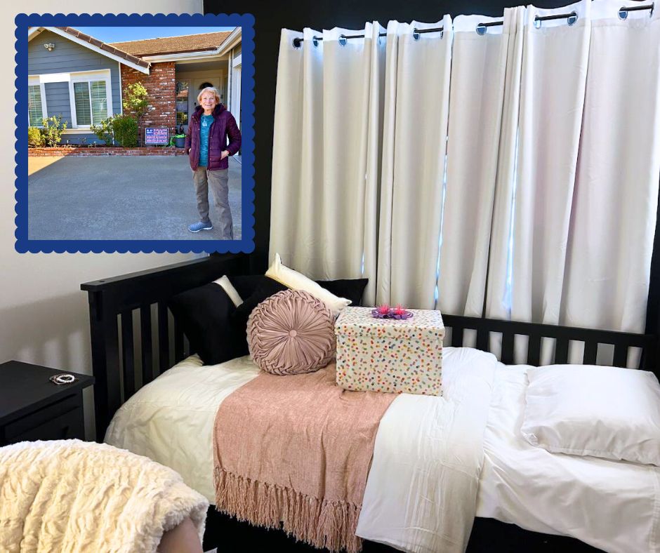picture of a host in front of her home and a bedroom ready for a guest with a welcome gift box on top of it